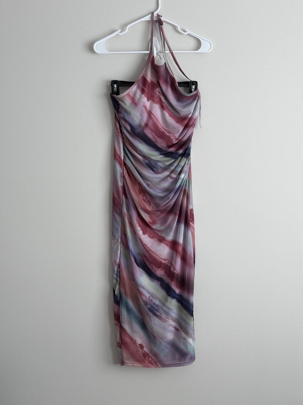 Caution to the Wind Pink Blue Marble Ruched Halter Maxi Dress M